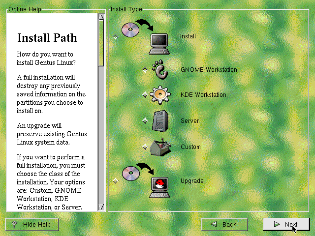 Gentus Linux Installer type selector