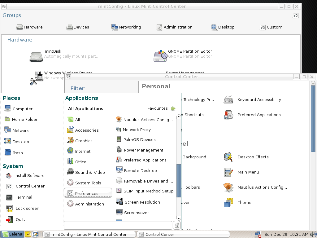 Linux Mint 3.1 Control Panel