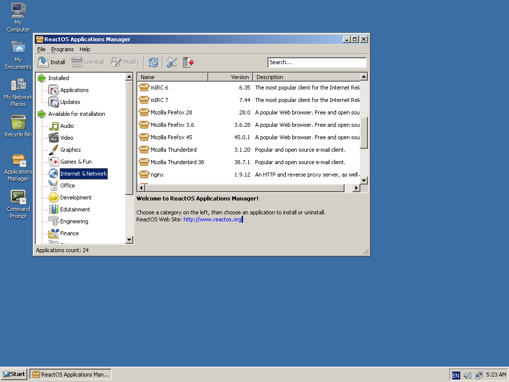 ReactOS 0.4 Application manager