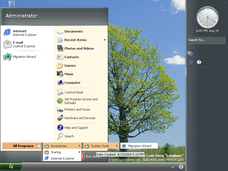 Longhorn 4093 Start menu