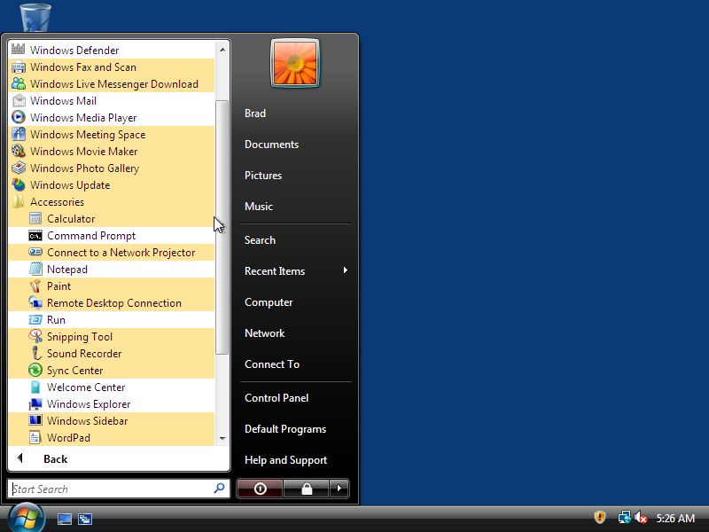 Longhorn 5840 Start menu