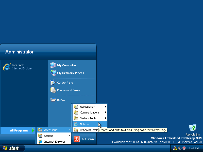 Windows POS 2009 Start menu