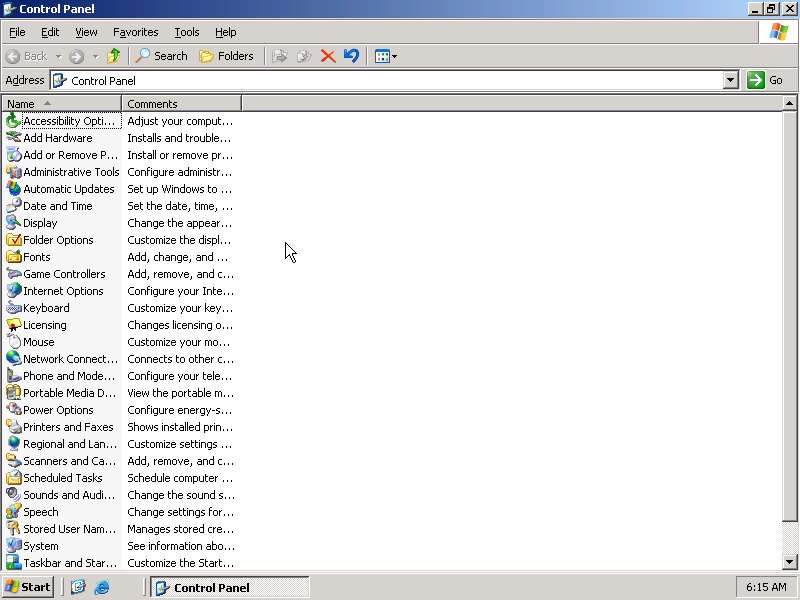 Windows Server 2k3 Control panel