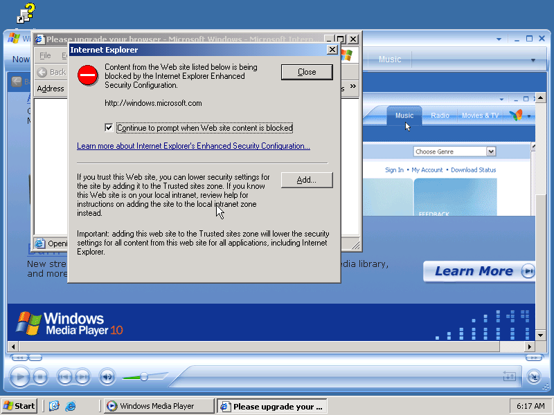 Windows Server 2k3 Blocks Microsoft pages