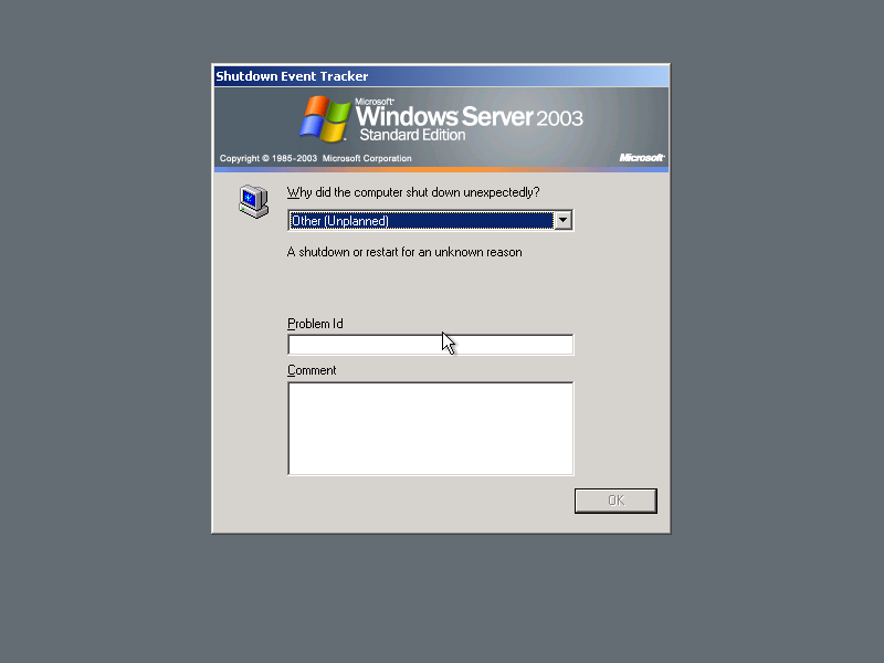 Windows Server 2k3 Unexpected shutdown