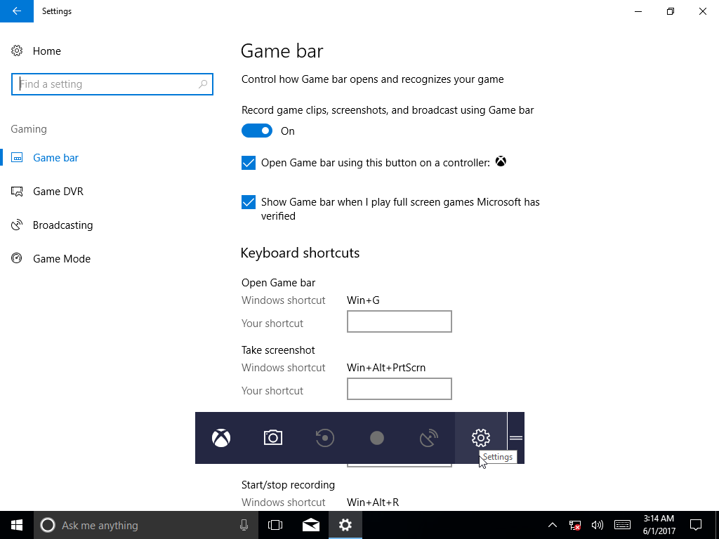 Windows 10 Creator Update Game Bar