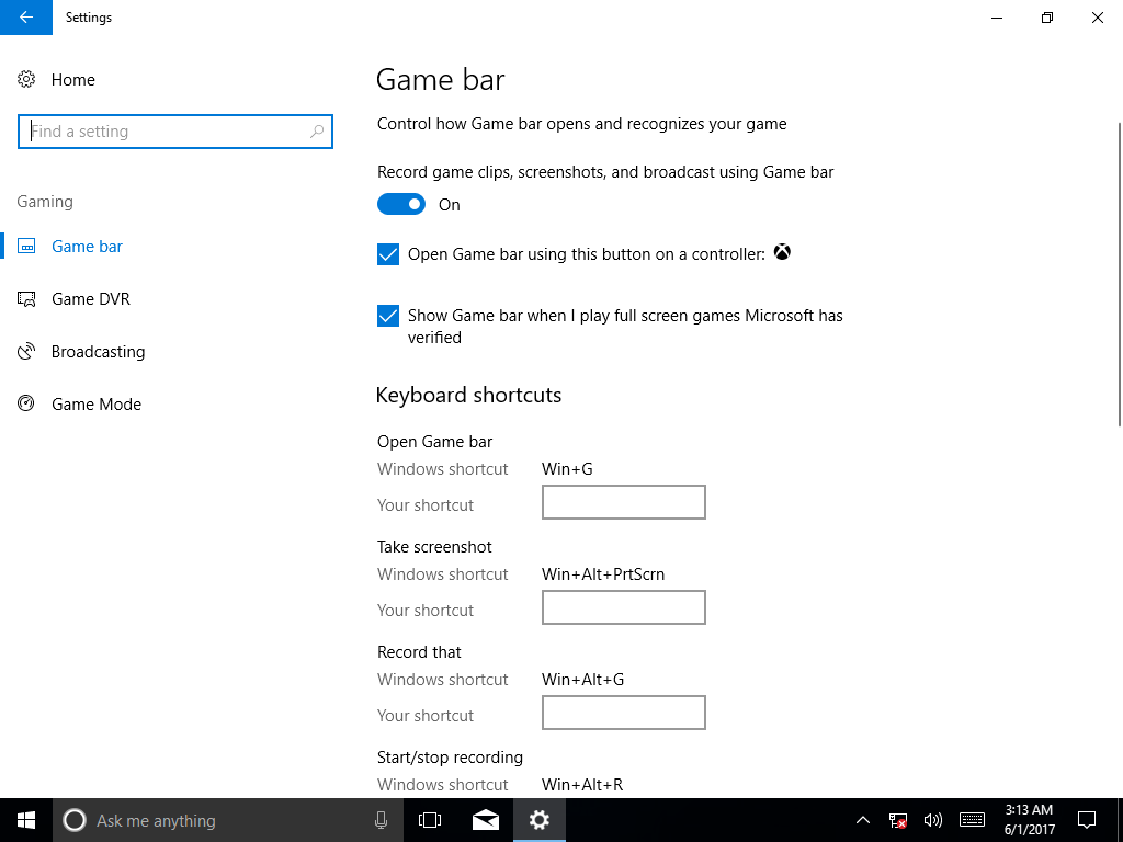 Windows 10 Creator Update Game Bar settings