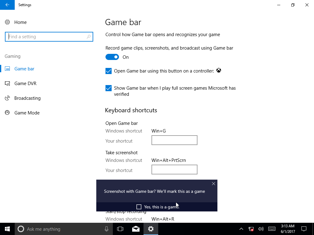 Windows 10 Creator Update Game Bar screenshot