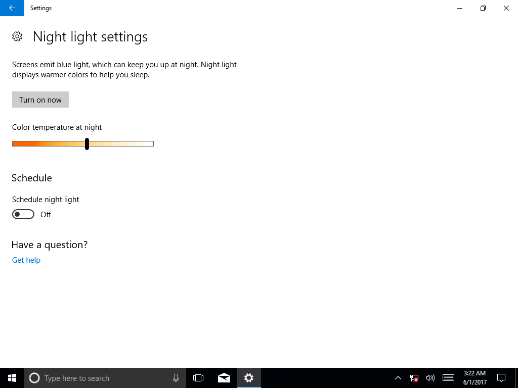 Windows 10 Creator Update Night light