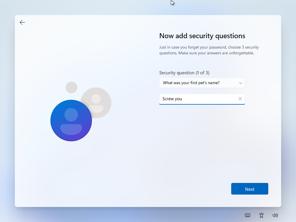 Windows 11 OOBE security questions